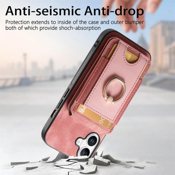 iPhone 17 Skal läderfodral med retro delbart magnetiskt stativ och kortfack Rosa