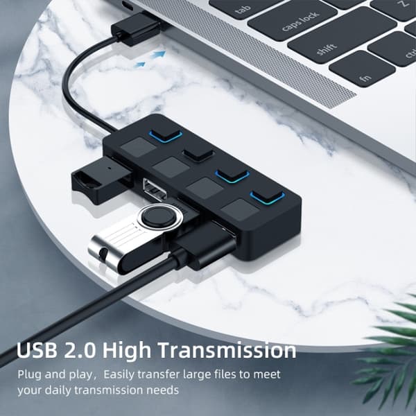 4-Port USB 2.0 Hub med 4 Strömbrytare (Svart)