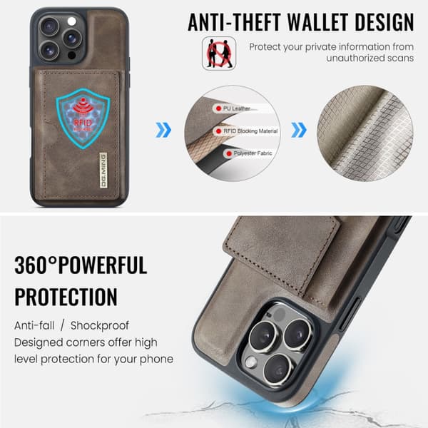iPhone 16 Pro DG.MING M6 Series RFID Tri-fold Skal med Avtagbart Läder Fodral Kaffe