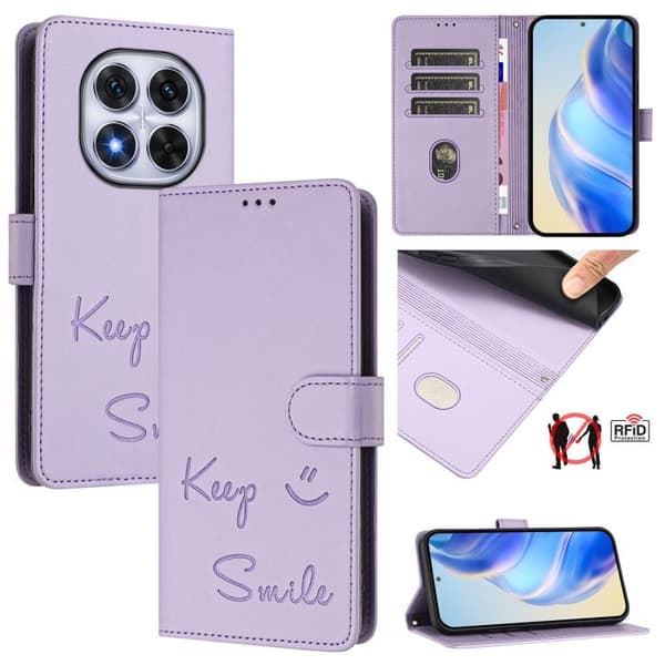 Redmi Note 14 Pro 4G - RFID Läderfodral med Smile Embossing Ljuslila