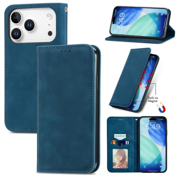 iPhone 17 Pro Max Skal läderfodral med retro känsla och magnetisk flip Blå