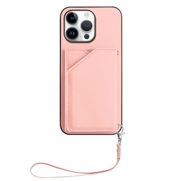iPhone 16 Pro Skal med Fyra Kortfack och Handledsrem Rosa