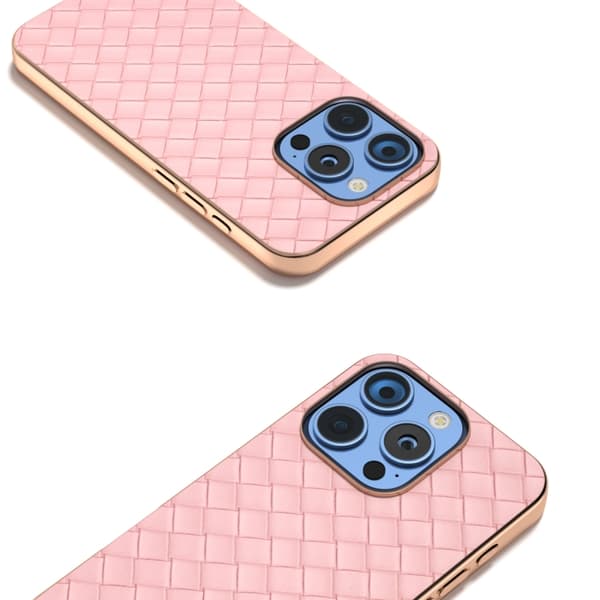 iPhone 16 Pro Skal med Elektropläterad Ram och Vävstruktur PU Rosa
