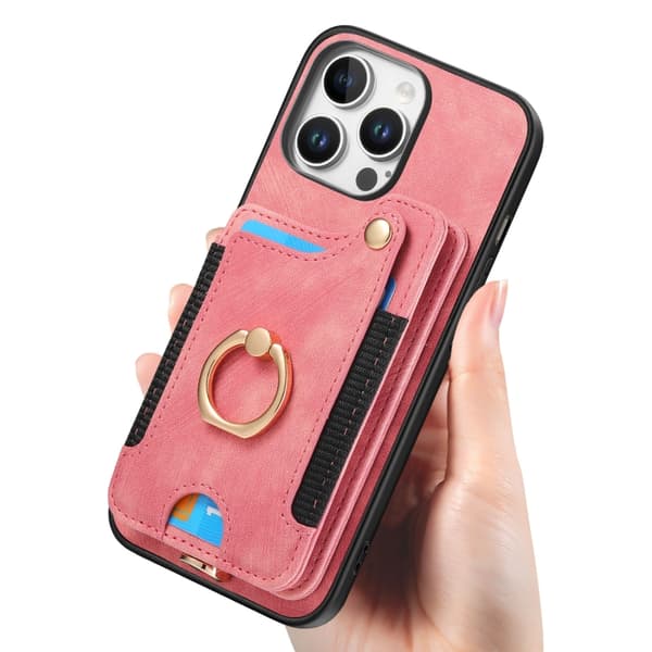 iPhone 16 Pro Retro Skinnkänsla Ring Multi-kort Plånboks Skal Rosa