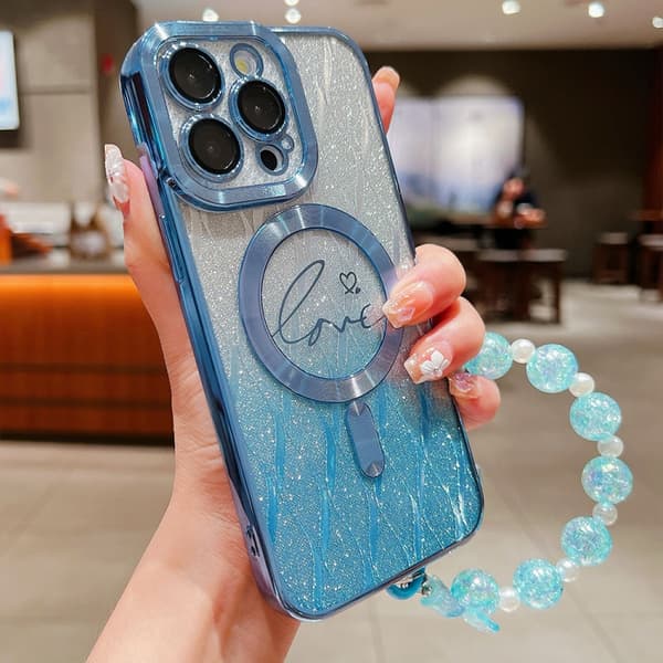 iPhone 16 Pro Max Skal med Dubbel-Kärlek Blad Gradient Glitter Design, MagSafe TPU Blå