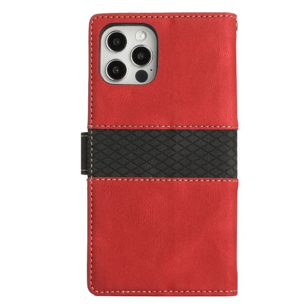 iPhone 16 Pro Skal Läder med Lanyard - Grid Stitching Design Röd