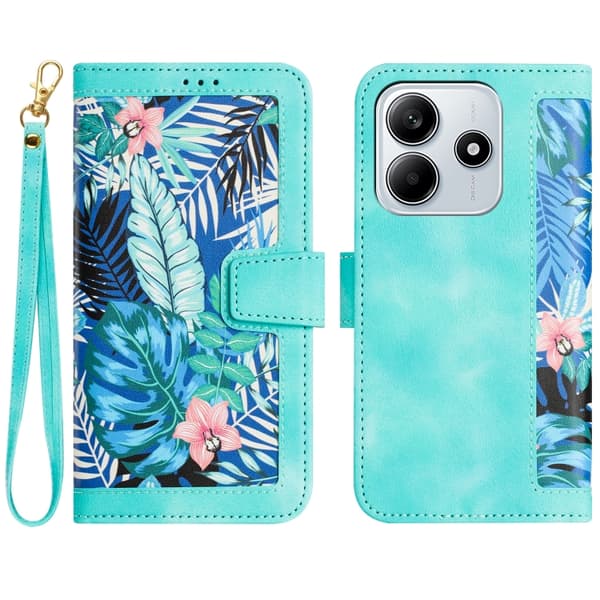 Redmi Note 14 5G - Blommönstrad Läderfodral med Lanyard Grön
