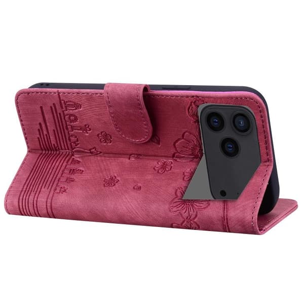 iPhone 17 Pro Max Skal läderfodral med präglad tecknad sakura katt Vinrött