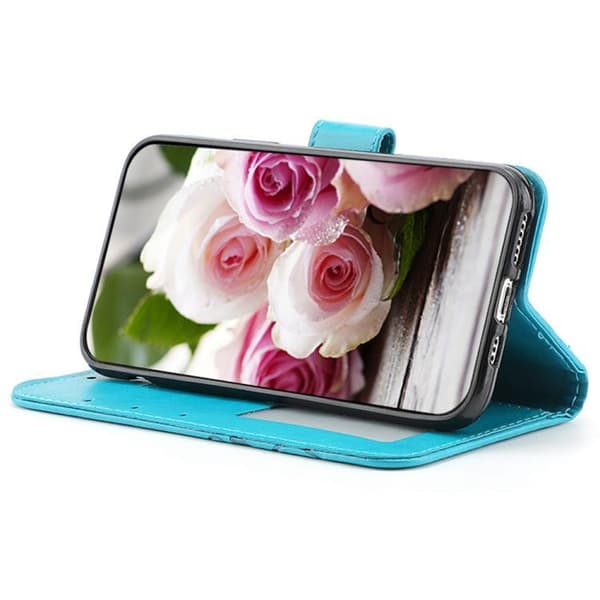 iPhone 18 Pro Max / iPhone 17 Pro Max Skal Läderfodral med Rosafärgad Fjäril Prägling Blå
