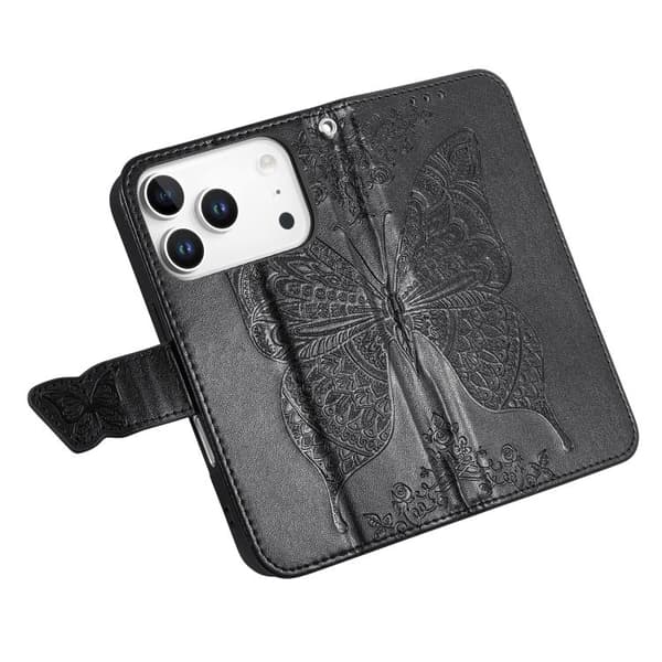 iPhone 18 Pro Max / iPhone 17 Pro Max Skal läderfodral med fjäril och blomma - relief Svart