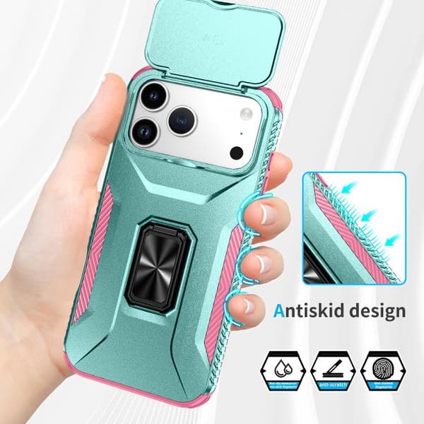 iPhone 18 Pro / iPhone 17 Pro Skal med Glidande Camshield Hållare Rosa + Grågrön