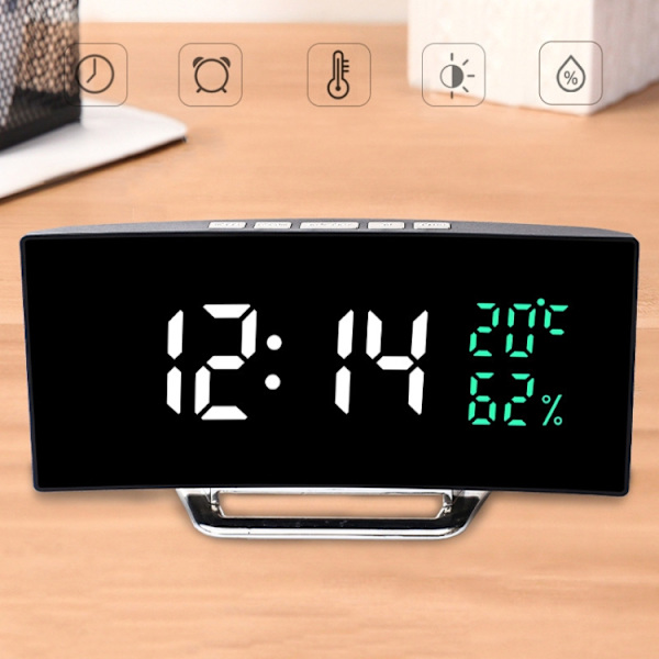 7816 Böjd skärm LED temperatur/fuktighetsdisplay Multifunktionell klocka (vit grön)