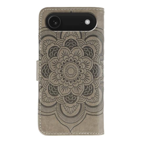 iPhone 17 Air Skal läderfodral med sol mandala präglad design Grå