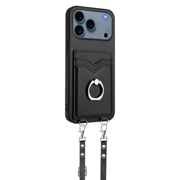 iPhone 18 Pro / iPhone 17 Pro Skal med Korsa Rep Ring och Kortfack Svart