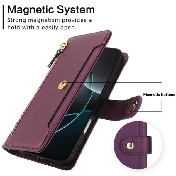 iPhone 18 Pro Max / iPhone 17 Pro Max Skal läderfodral med sju kortfack och dragkedja, inklusive lanyard Mörklila
