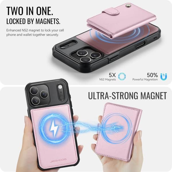 iPhone 18 Pro / iPhone 17 Pro Skal läderfodral JEEHOOD Buckle Card Bag MagSafe Magnetisk Stil RFID Rosa