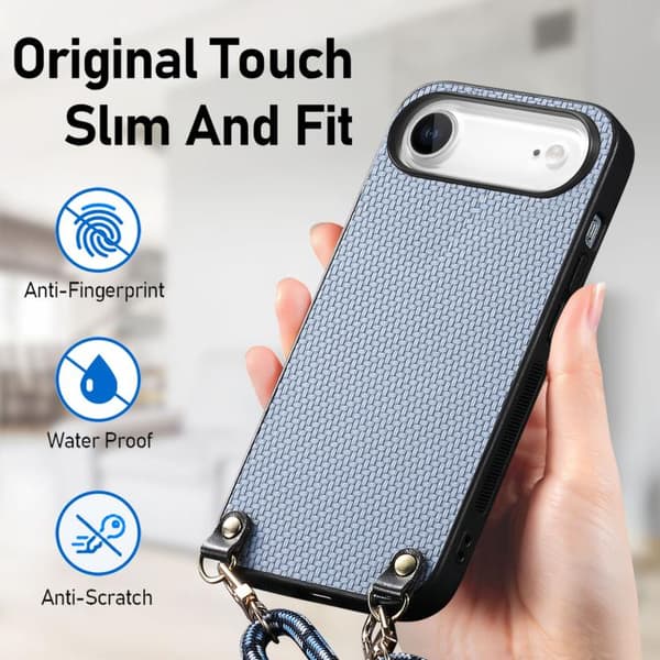iPhone 17 Air Skal - kolfiber med läderbaksida och axelrem Blå