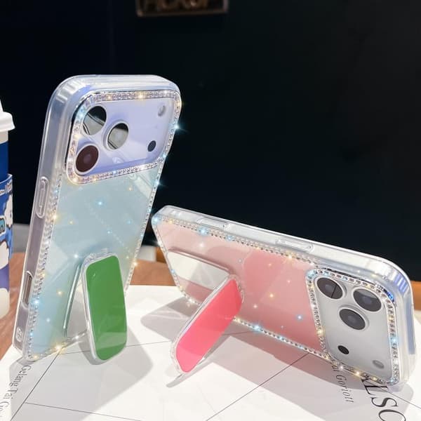 iPhone 18 Pro Max / iPhone 17 Pro Max Skal med Rhinestone Glitter, 4-hörns Anti-fall och Hållare Transparent