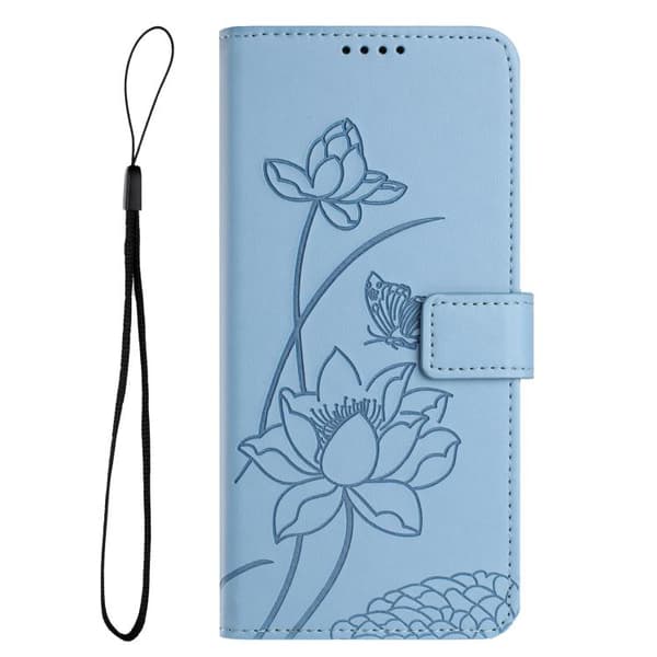 iPhone 17 Air Skal läderfodral med Lotus Prägling och Lanyard Blå