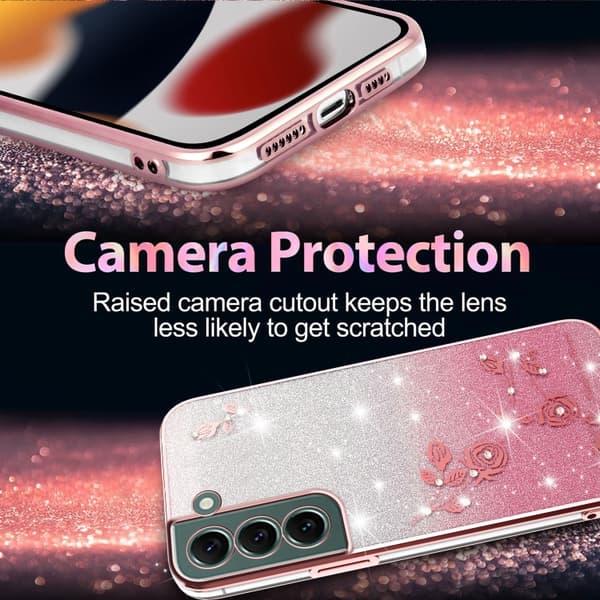 Samsung Galaxy S22 5G Skal med Gradient Glittrande Blommor Rosa