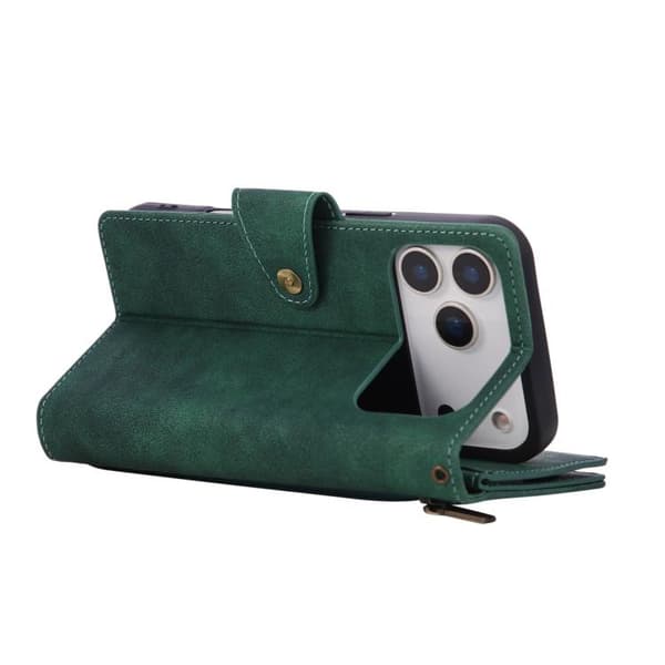 iPhone 18 Pro Max / iPhone 17 Pro Max Skal läderfodral med Rivet Spänne för 9 Kort och Tredelad Design Grön
