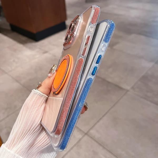iPhone 16 Pro Transparent Glitter CD Textur Rotating Skal Orange