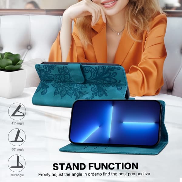 Redmi Note 14 Pro 5G - Lacey Blommönstrad Embossed Magnetisk Spänne PU fodral med Handledsrem Grön