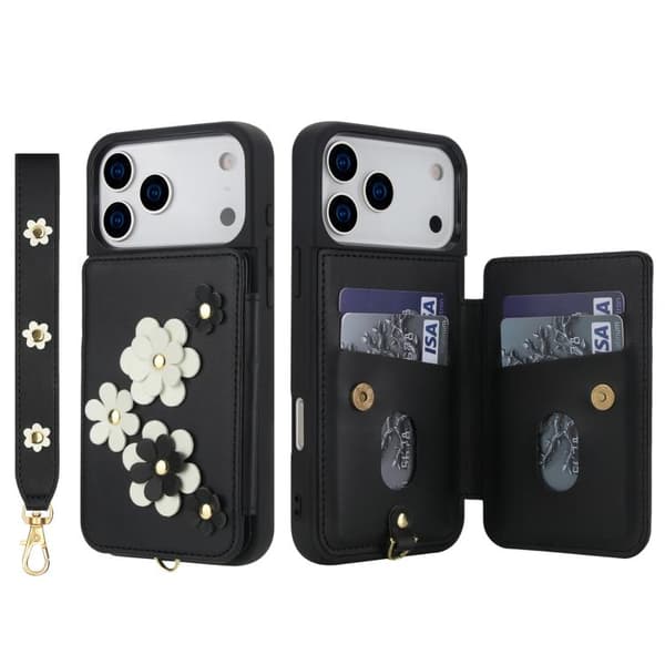 iPhone 18 Pro Max / iPhone 17 Pro Max Skal läderfodral med blommönster Svart
