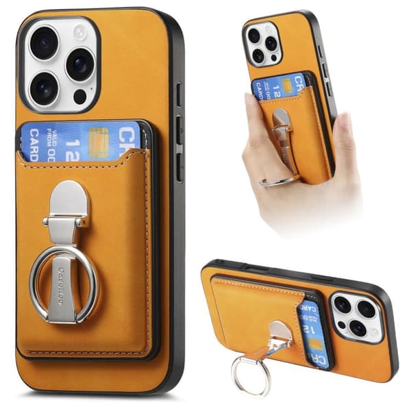 iPhone 16 Pro Max Retro Fällbar Ringhållare Kortväska MagSafe Skal Gul