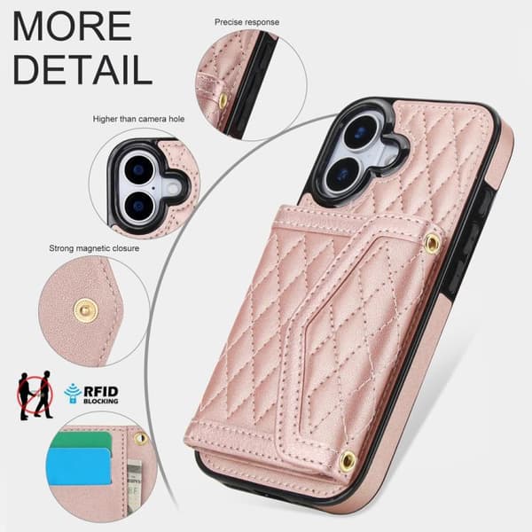 iPhone 17 Skal med Splicing Rhombic Textur och Lång Lanyard Roséguld