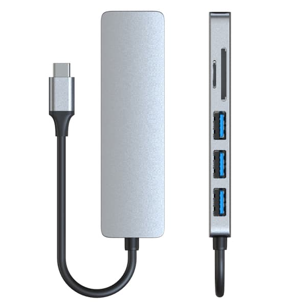 6-i-1 USB-C Dockningsstation - Kompakt och Portabel Adapter med HD, USB x3, SD och TF