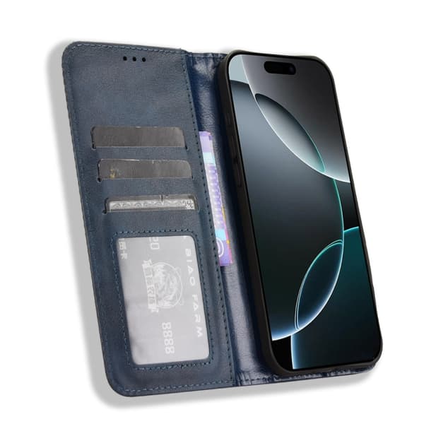 iPhone 16 Pro Skal med Magnetisk Spänne och Retro Textur Läder Fodral Blå