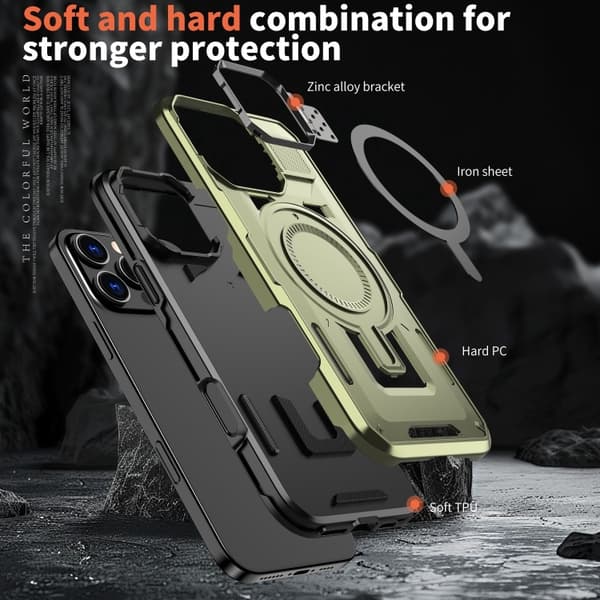 iPhone 16 Pro Max Skal med Shield Hollow Frame och MagSafe Olivgrön