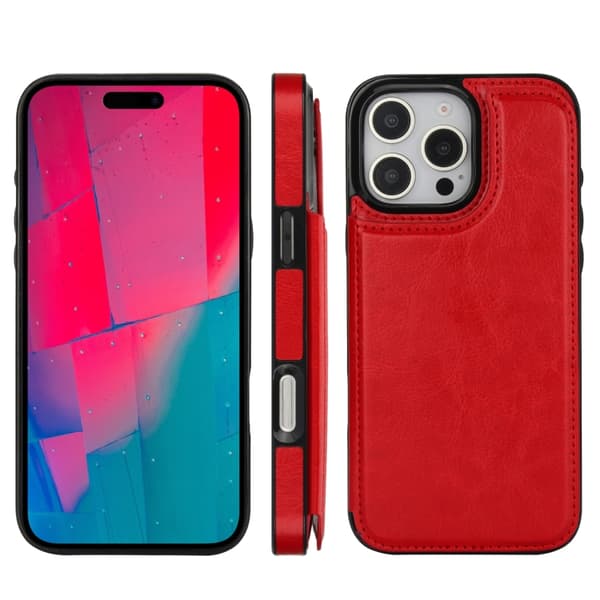 iPhone 16 Pro Skal med Dubbel Spänne Crazy Horse Textur PU Röd