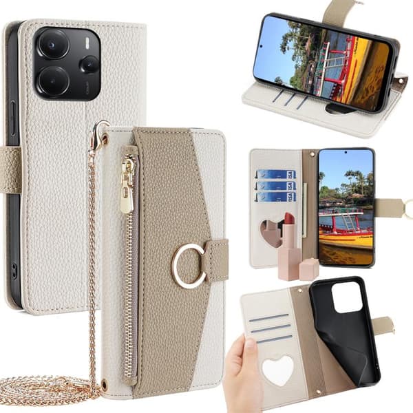 Redmi Note 14 4G - Crossbody Litchi Textur Läder Mobilskal Vit