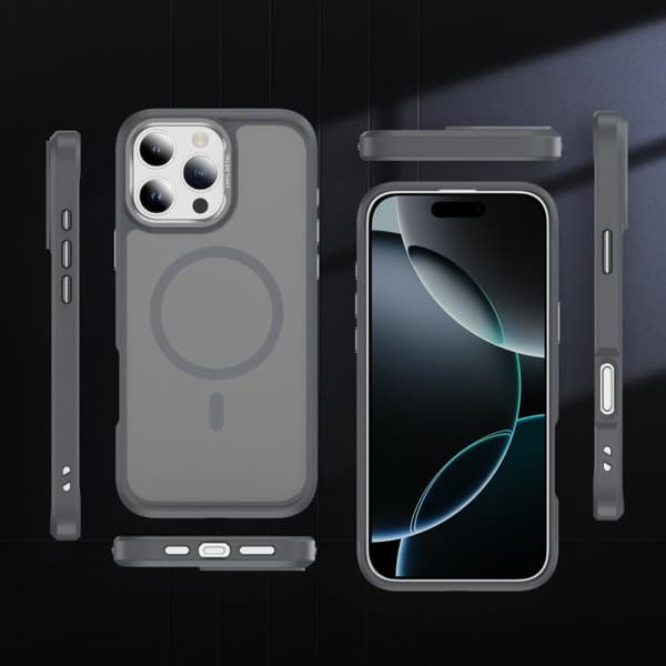 iPhone 16 Pro Max Skal med MagSafe Magnetisk PC Hybrid TPU Skyddslins Grå