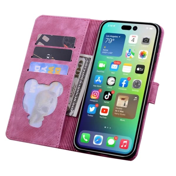 iPhone 16 Pro Max Skal Läder med Prägling av Söt Sakura Katt Rosröd