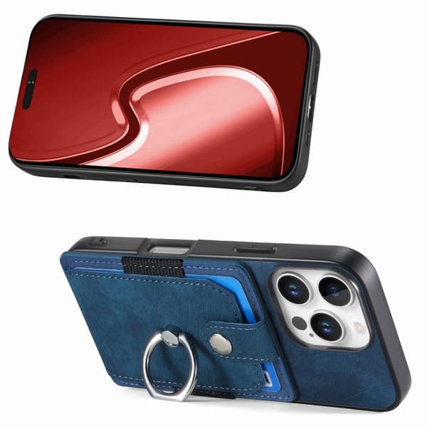 iPhone 16 Pro Max Retro Skin-feel Ring Card Wallet Skal Blå
