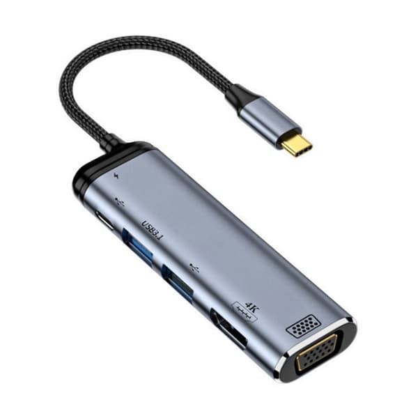 Y002 6-i-1 Type-C till VGA+HDMI+Dubbel USB+Dubbel USB-C/Type-C Multifunktionell Adapter