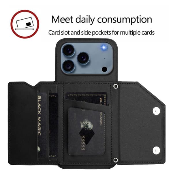 iPhone 18 Pro Max / iPhone 17 Pro Max Skal med Fyra Kortfack och Handledsrem Svart