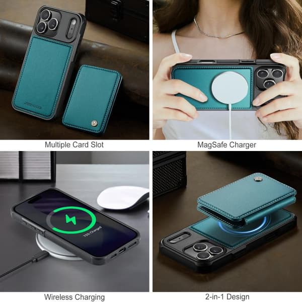 iPhone 18 Pro / iPhone 17 Pro Skal läderfodral JEEHOOD Business Magnetisk Stil RFID Blågrön