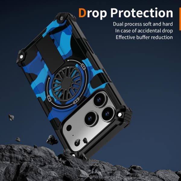 iPhone 18 Pro Max / iPhone 17 Pro Max Camouflage Kickstand Rotating Shaft MagSafe Skal Blå kamouflage
