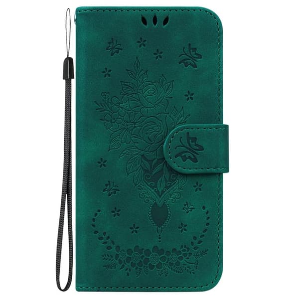 iPhone 18 Pro / iPhone 17 Pro Skal Läderfodral med Embossed Butterfly Rose Grön