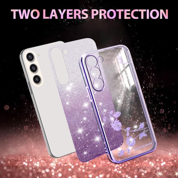 Samsung Galaxy S23+ 5G Skal med Gradient Glittrande Blommor Purpur