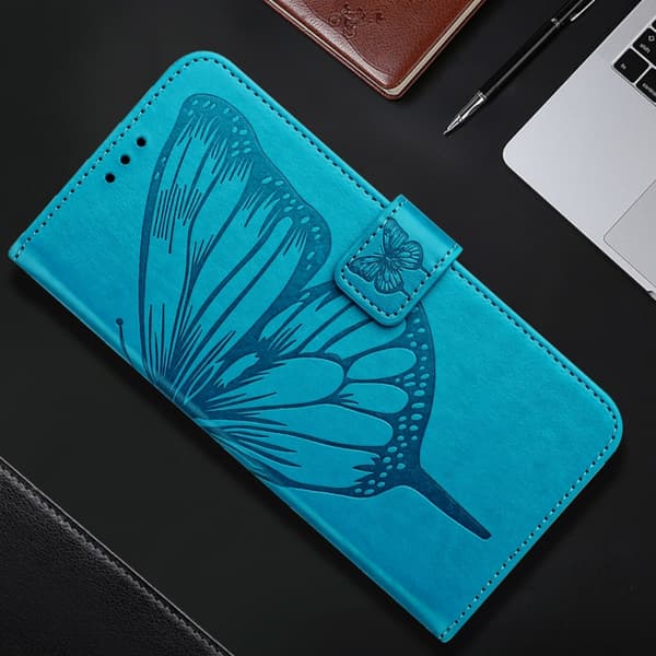 iPhone 16 Pro Max Embossed Butterfly Fodral - Elegant Skal Läder med Utsökt Design Blå