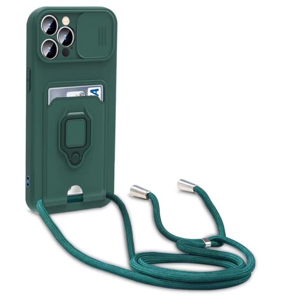 iPhone 16 Pro Max Skal med Sliding Camshield, Magnetisk Kortficka och Lanyard Marinblå