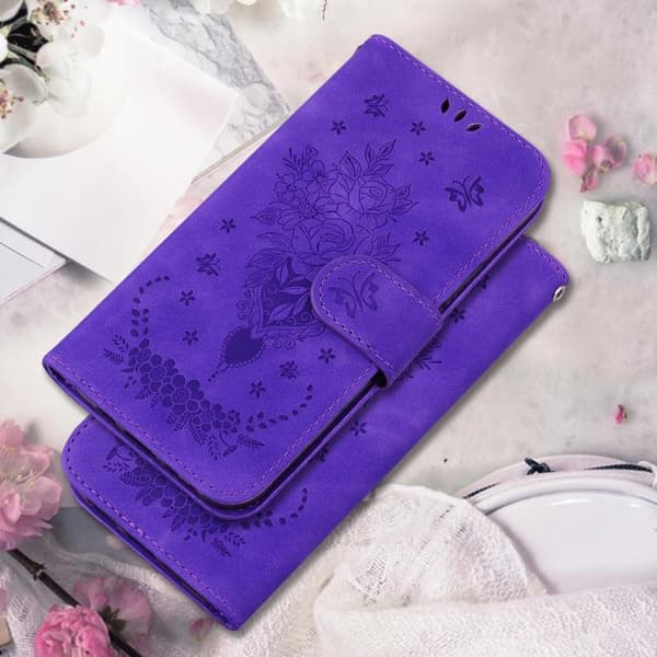iPhone 18 Pro / iPhone 17 Pro Skal Läderfodral med Embossed Butterfly Rose Purpur