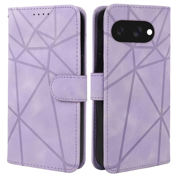 för Pixel 9a Skal - Geometriska Linjer Läderfodral Purpur