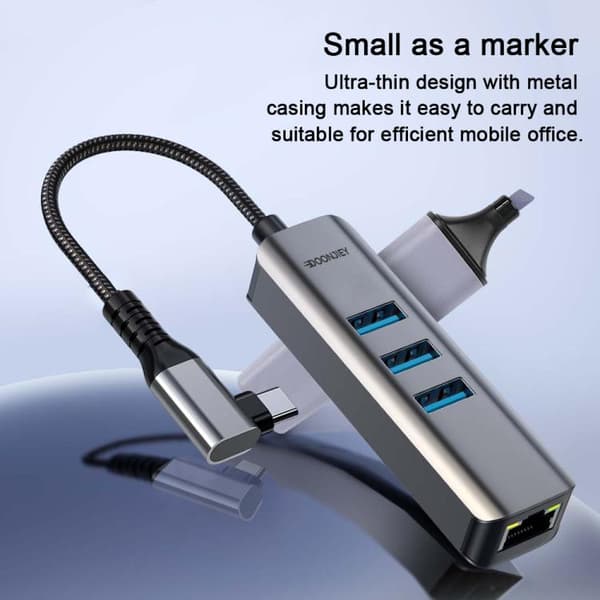 USB-C / Typ-C Elbow till RJ45 och 3 x USB-A Aluminiumlegering Hub Adapter Expander (Grå)