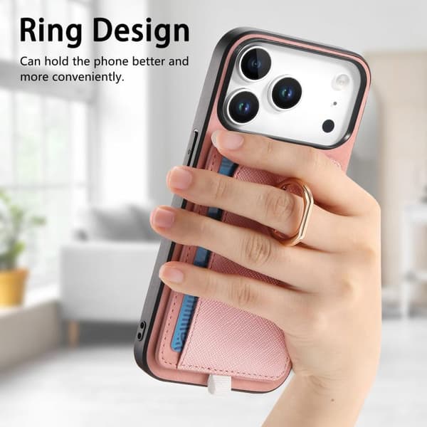 iPhone 18 Pro Max / iPhone 17 Pro Max Retro Cross Läder Ring Sidoficka MagSafe Skal Rosa